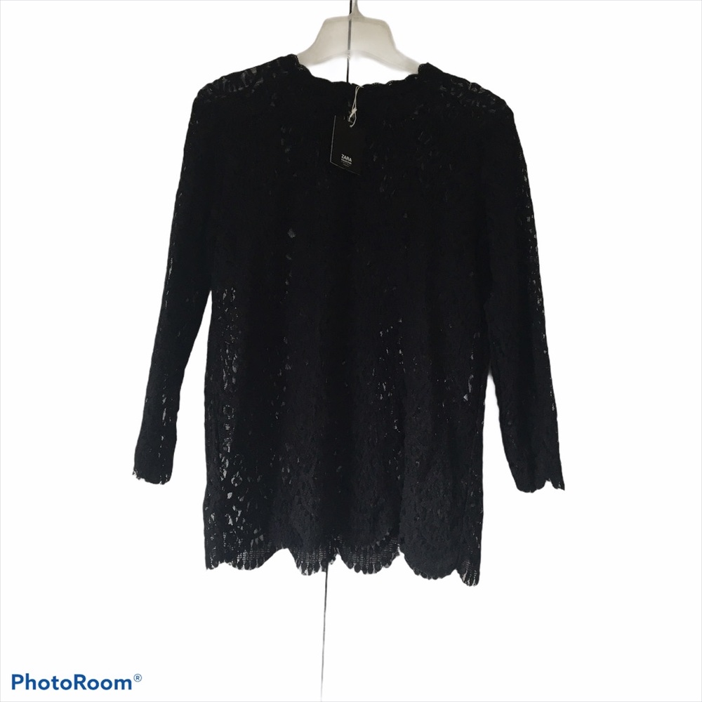 Zara Guipure/Sheer Lace Blouse Black Size Large NWT